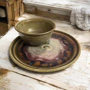 Nichols Pottery chip and dip bowl platter combination. Handmade. Artist singed